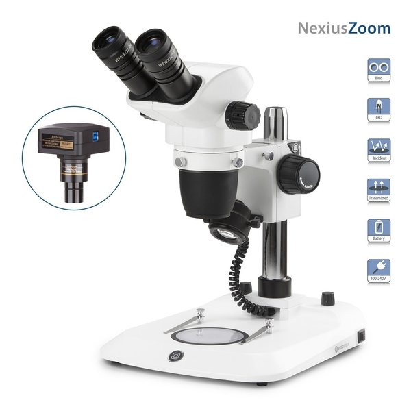 Euromex NexiusZoom 6.7X-45X BinocularStereo Zoom Microscope w/18MP USB 3 Digital Camera on Pillar Stand NZ1902-P-18M3